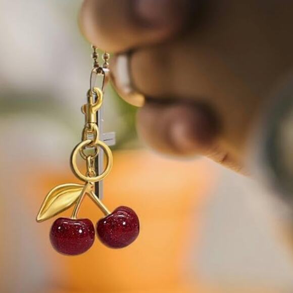 Cherry Bag Charm & Key Ring NEW Red Sparkly Cherries with Goldtone Hardware - Picture 5 of 7